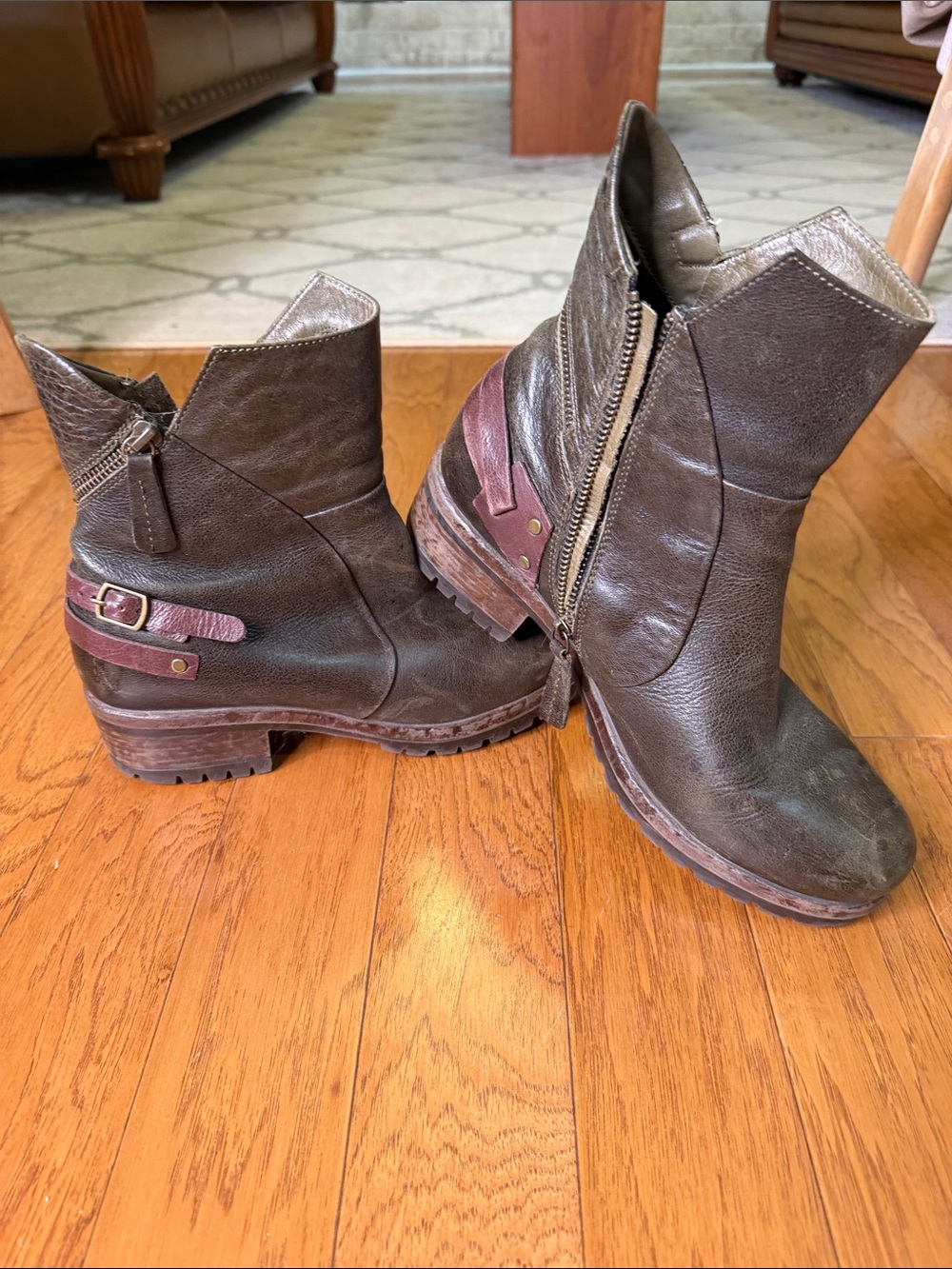 Bueno Dark Brown Leather Ankle Booties with Side Zip & Buckle Strap